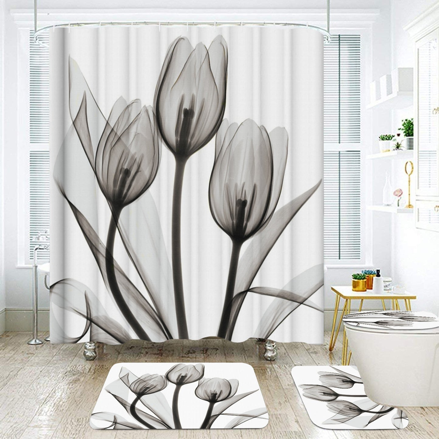 Colorful Tulip Lotus Flowers Trees Shower Curtain Sets Non-Slip Rugs Toilet Lid Cover and Bath Mat Waterproof Bathroom Curtains