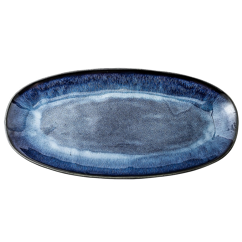 Ceramic Plate Japanese Style Dishes Kiln Change Cat Eye Blue Fish Plate Household Steamed Large Glaze Color Creative Sushi Plate