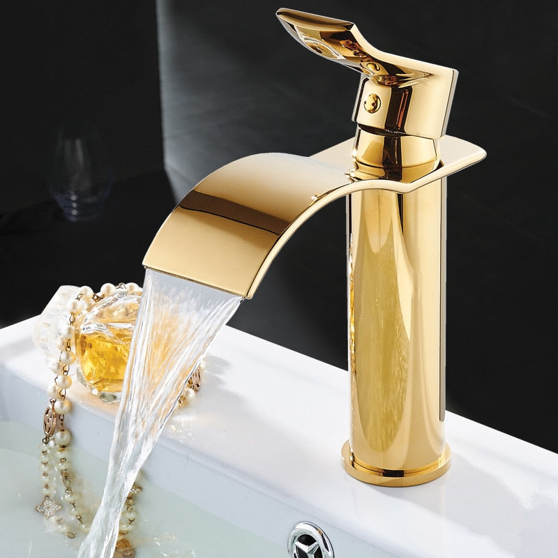 Basin Faucet Gold and white Waterfall Faucet Brass Bathroom Faucet Bathroom Basin Faucet Mixer Tap Hot and Cold Sink faucet