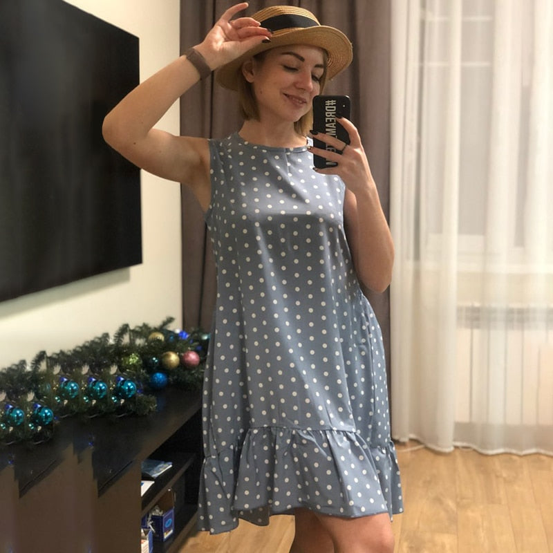 Women Summer Dress Fashion Polka Dot Sleeveless Beach Mini Dress For Women Casual Print Short Loose Blue Sundress 2020 Plus Size