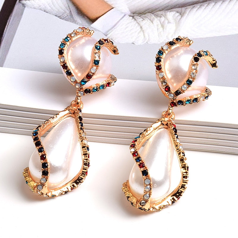 New Colorful Rhinestone Big Pearl Drop Earrings Fine Jewelry Accessories For Women Fashion Trend Pendientes Bijoux