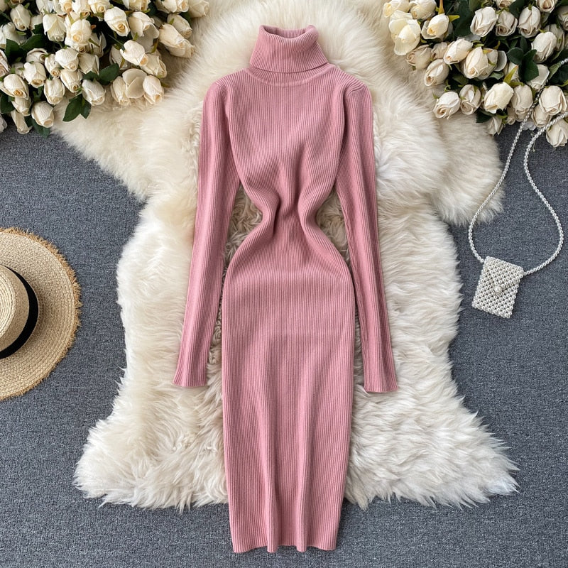 Dresses for Women 2022 Sexy Turtleneck Knitted Bodycon Dress Women Autumn Winter Long Sleeve Sweater Dress