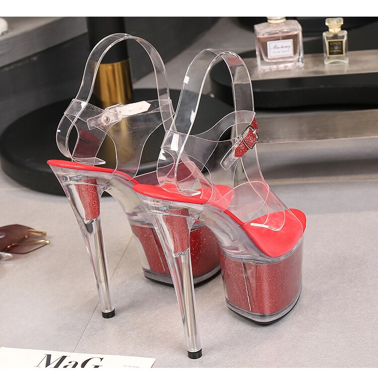 shuzumiao 2021 Women's Nightclub Super High Heels 17CM 15CM Stiletto Platform Transparent Crystal Sandals for Show Ladies Shoes