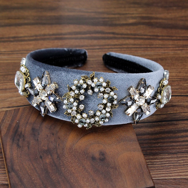 Vintage Luxury Black Gray Crystal Stone Hairband Rhinestone Bridal Wedding Headband For Women Baroque Hair Accessories Jewelry