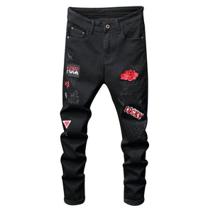 Sokotoo Men's red flower letters embroidery black jeans Fahion badge stretch denim pants