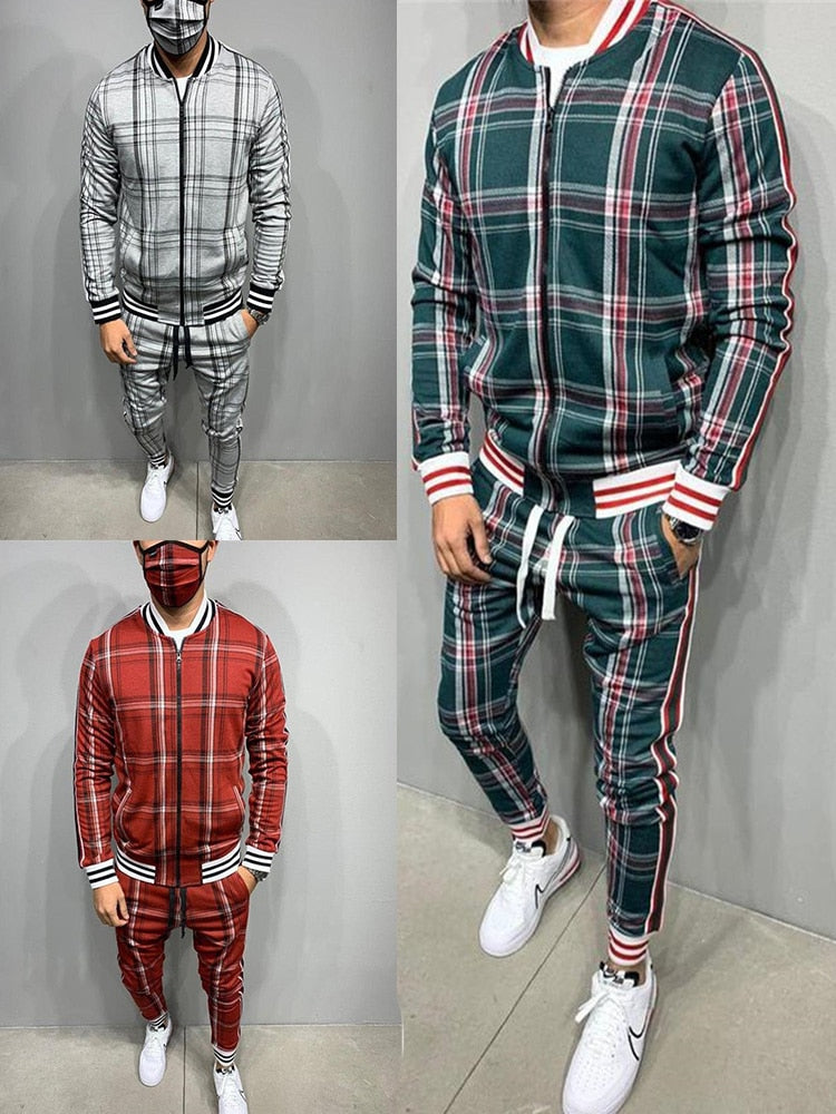 2021 New gyms Men's Sets 2 Pieces Sets Tracksuit Men's Jackets+Pants suit Sportwear Gentlemen Plaid Mens Sports Suit men Clothes