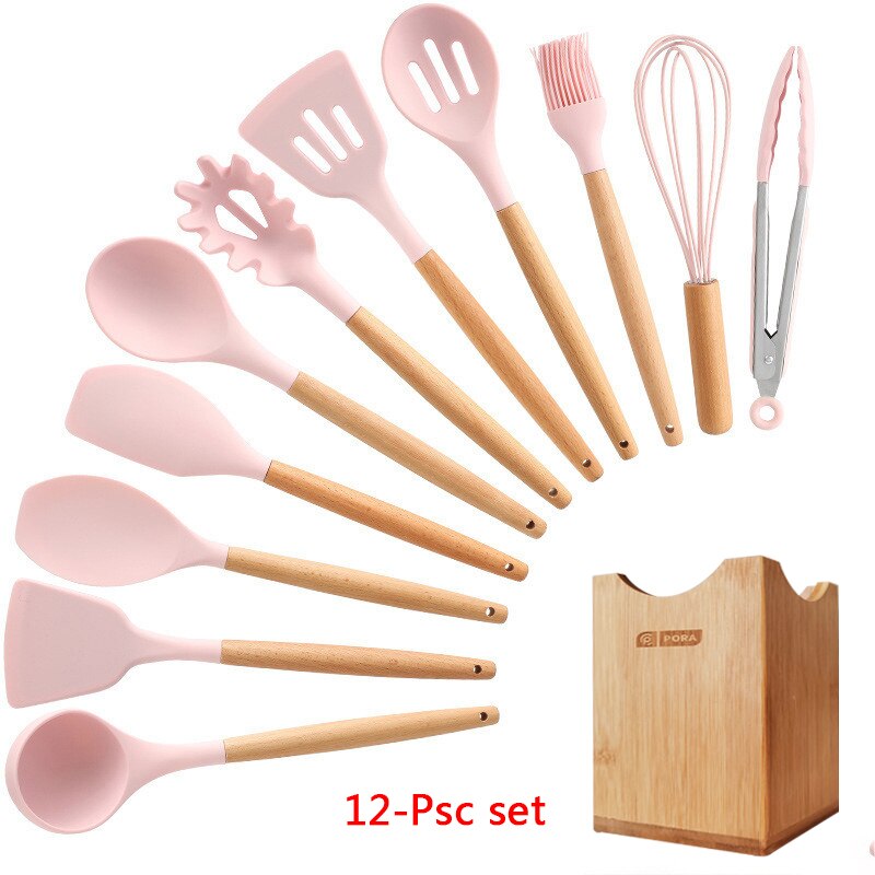 Silicone Cooking Utensils 11/12/13Pcs Kitchen Utensil Set Non-stick Spatula Wooden Handle with Storage Box Kitchen Appliances