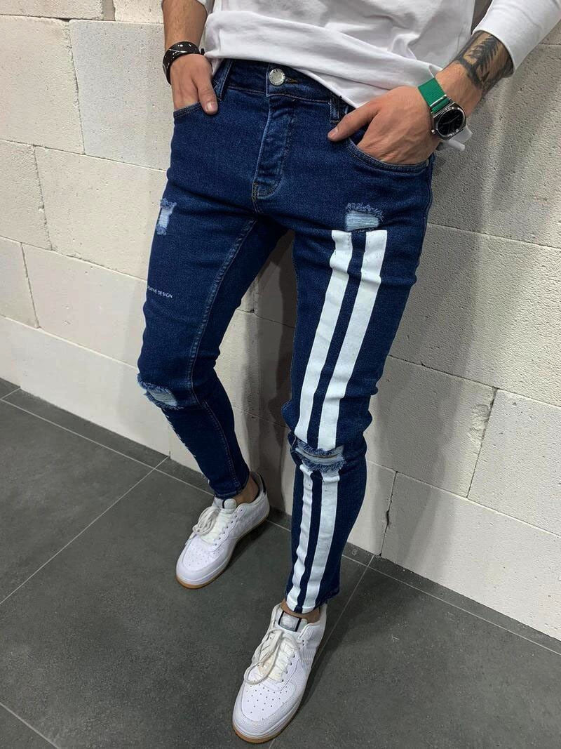 Letter printing Ripped Pencil Jeans Men Skinny Biker Side Striped Jeans Destroyed Hole Hip Hop Slim Fit Jean Men's Pant