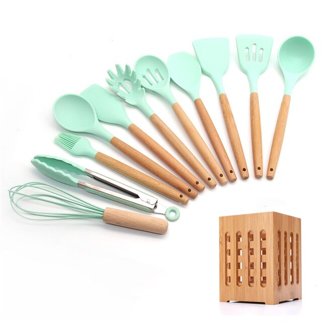 Silicone Cooking Utensils 11/12/13Pcs Kitchen Utensil Set Non-stick Spatula Wooden Handle with Storage Box Kitchen Appliances