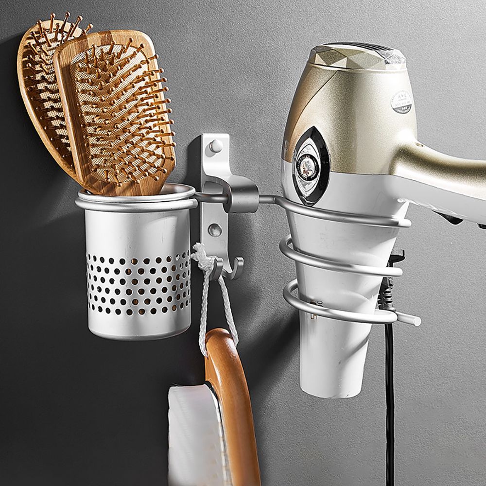 1pc Hair Dryer Rack with Basket Aluminium Bathroom Wall Shelf Hair Comb Brush Plug Holder Bathroom Accessories Storage Basket