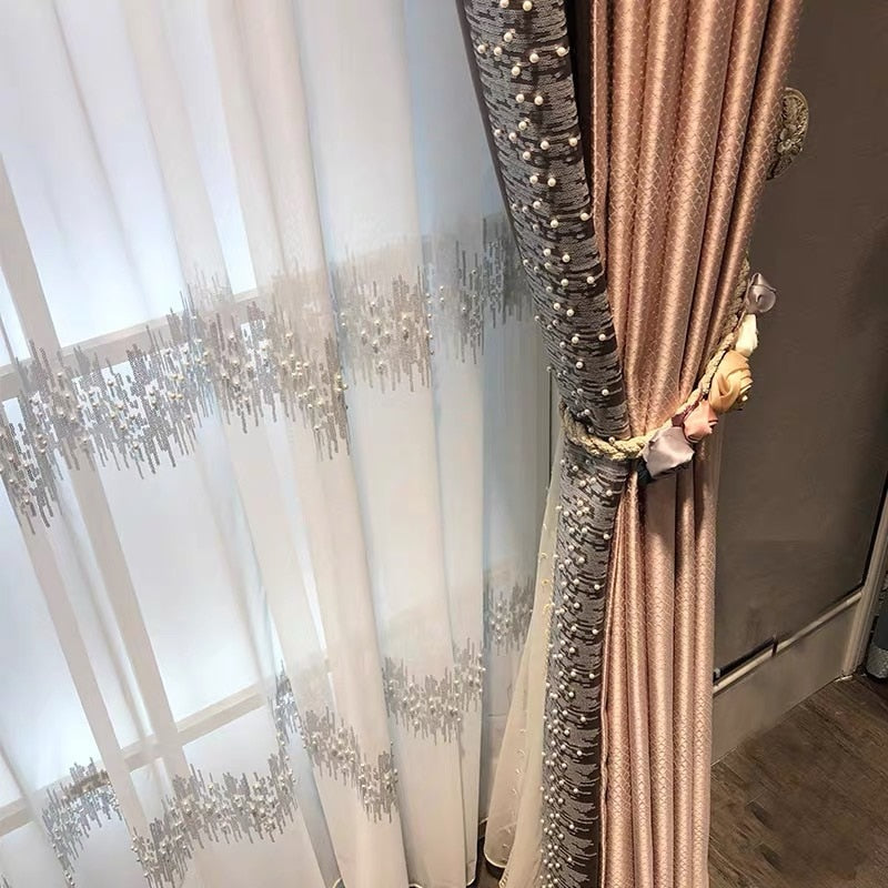 French Luxury Embroidery Sequins Tulle Curtains for Living Room Pearls sequins Curtains Yarn for Bedroom Customized X-M232#CR