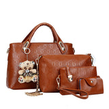 4Pcs/Set Elegant Ladies Bear Pendant Handbag Shoulder Bag Girls Fashionable PU Leather Casual Messenger Tote Bag
