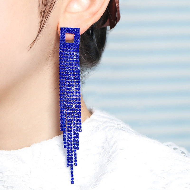 2022 New Trendy Crystal Long Tassel Earrings Blue Rhinestone Waterdrop Dangle Drop Earrings Eardrop For Women Jewelry Gift