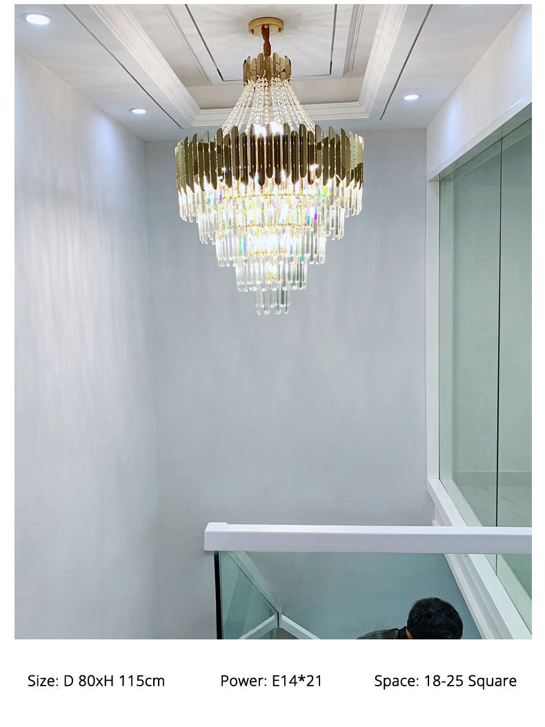 Crystal chandelier in the living room of duplex villa, spiral staircase chandelier, modern luxury living room chandelier