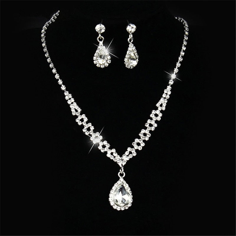 Water Drop Rhinestone Long Pendant Full Crystal Silver Plated Necklace & Earrings Elegant Bridal Wedding Jewelry Set