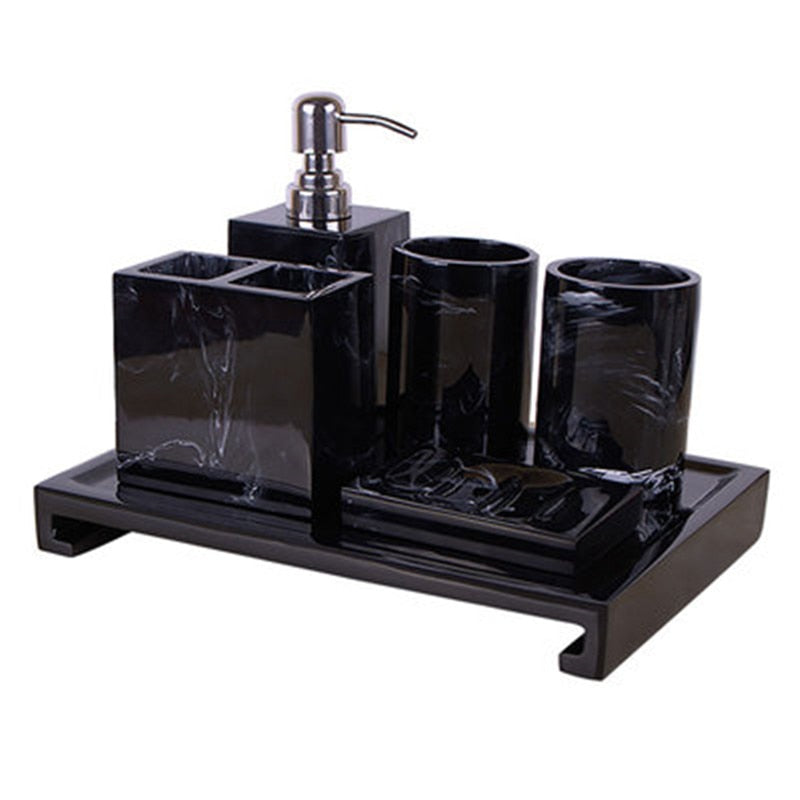 Black Marble Pattern Tray Resin Bathroom Set Toothbrush Holder Soap Dispenser Soap Dish Men's Bathroom Accessories Set Home Deco