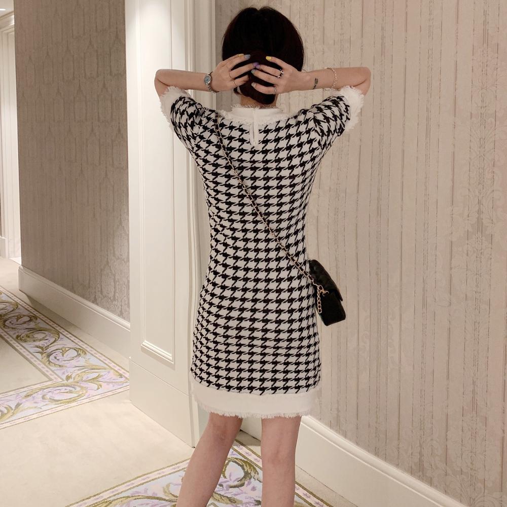 SMTHMA 2021 New Fashion Summer Dress Women Elegant Vintage Houndstooth Dresses Ladies Runway Jacquard Knitting Dress