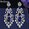 BeaQueen Royal European Design Blue Cubic Zirconia and White Crystal Tassel Drop Super Big Dangling Earrings for Women