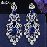 BeaQueen Royal European Design Blue Cubic Zirconia and White Crystal Tassel Drop Super Big Dangling Earrings for Women