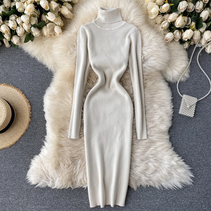 Dresses for Women 2022 Sexy Turtleneck Knitted Bodycon Dress Women Autumn Winter Long Sleeve Sweater Dress