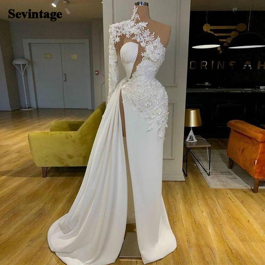 Sevintage High Slit Mermaid Evening Dresses One Long Sleeves Appliques Lace Prom Gowns Soft Satin Women Special Occasion Dresses