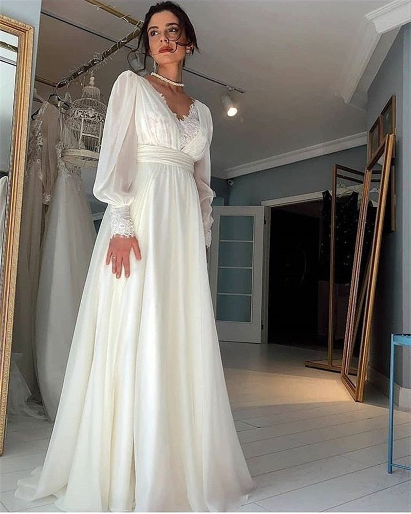 Verngo Vintage Lace Puff Long Sleeves Wedding Dresses Chiffon A Line V Neck Bride Gowns Floor Length Elegant Bridal Dress