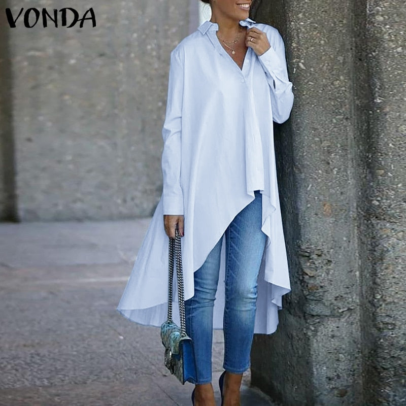 Asymmetric Blouse Women Casual Irregular Hem Blouse Party Shirts VONDA 2021 Autumn Long Sleeve Bohemian Tops Plus Size Blusas