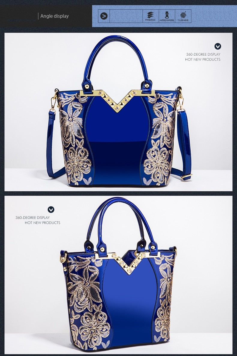 AMELISH Luxury Bag for Women 2022 High Quality Patent Leather Flower Embroidery Diamond Tote Handbag Fashion Female Shoulder Bag