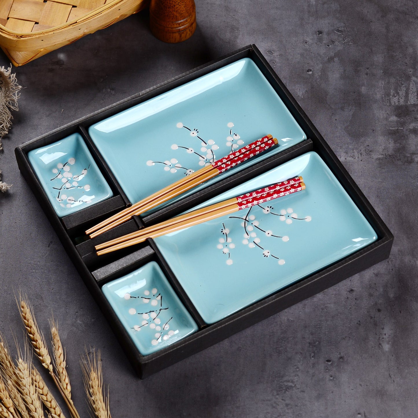 Panbado Japanese Style Blue Porcelain Sushi Plate Set with 2XSushi Plates,Dip Dishes,Stick Stands,Bamboo Chopsticks Gift Package