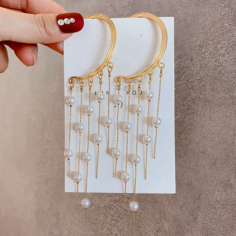 New Popular Design Water Drop Pearls Tassel Clip Earrings for Women Charm Jewelry Temperament Accessories Wedding Party Ins Hot