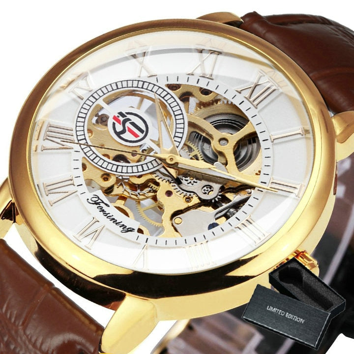 Mechanical Man Gold Watch Mens Watches Top Brand Luxury 2021 WINNER Clock Male Skeleton Leather Forsining 3d Hollow Engraving