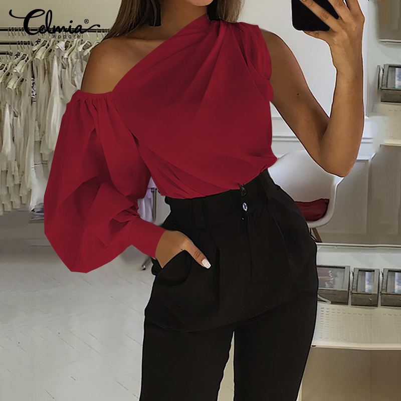 2021 Celmia Women Fashion Long Sleeve Shirts Plus Size Solid Cold Shoulder Blouses Casual Loose Tops Ladies Elegant Work Blusas