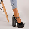 Onlymaker Womens Mary-Jane  Platform Chunky 15~16CM High Pumps Heels Ankle Strap Dress Hoof Heels Black Shoes Plus Size