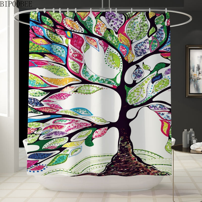 Colorful Tulip Lotus Flowers Trees Shower Curtain Sets Non-Slip Rugs Toilet Lid Cover and Bath Mat Waterproof Bathroom Curtains