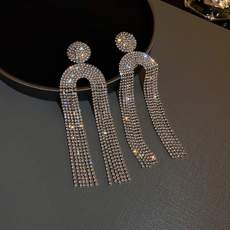 Fashion Statement Earring Long Full Rhinestone Big Earrings For Women Euorpe Evening Party Crystal Tassel Earings Wholesale