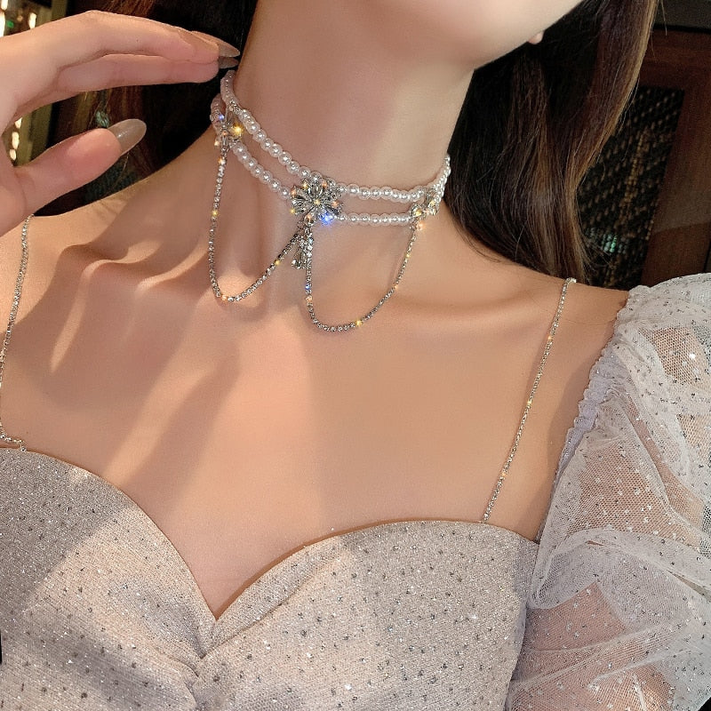 2020 Korea New Design Fashion Jewelry Exaggerated Crystal Tassel Elegant White Pearl Female Clavicle Necklace