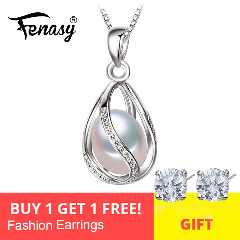 FENASY Natural Freshwater Pearl Pendant Cage Necklace Fashion 925 Sterling Silver Boho Statement Necklace Pearl Jewelry