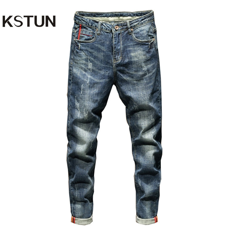 Mens Jeans Slim Fit Retro Blue Stretch Spring and Autumn Men's Jeans Trousers Pants Casual Fashion Pockets Desinger Brand 2021