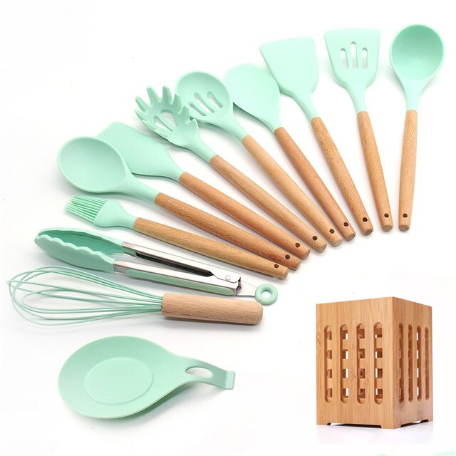 Silicone Cooking Utensils 11/12/13Pcs Kitchen Utensil Set Non-stick Spatula Wooden Handle with Storage Box Kitchen Appliances