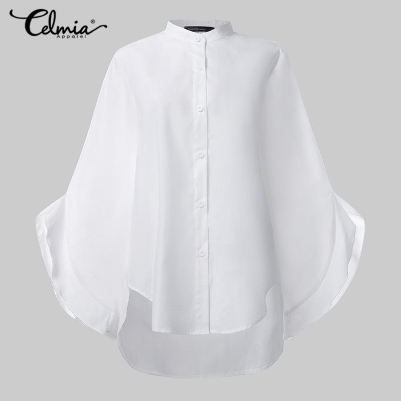 Celmia 2021 Autumn Women Tops and Blouses Long Flare Sleeve Casual Solid Shirts Buttons Work Basic Blusas Femininas Plus Size