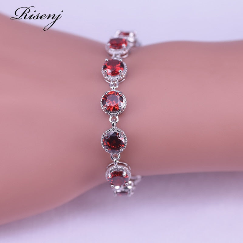 Many colors top cubic zircon Silver Color Jewelry Sets for Women Bracelet Ring Earrings Necklace Luxury Design