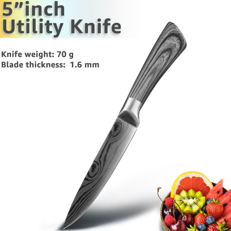 Kitchen Knife 5 7 8 Inch 1-3Pcs Set Stainless Steel Chef Santoku Imitated Damascus Pattern Cleaver Meat Vegetable Cooking Tool