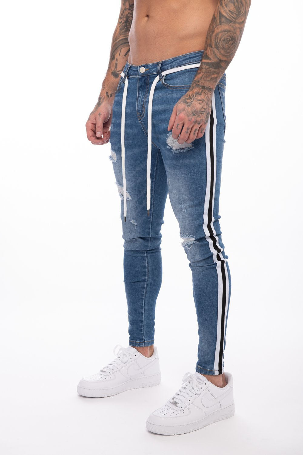 Skinny ripped jeans men Pants Pencil Biker Side Striped Jeans Destroyed Hole Hip Hop Slim Fit Man Scratched Jean Hombre Pantalon