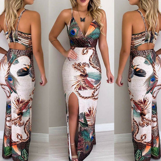 Hirigin Boho Floral Women Dress Sexy Ladies Sleeveless Bodycon Prom Evening Party Summer Beach Casual Long Sundress