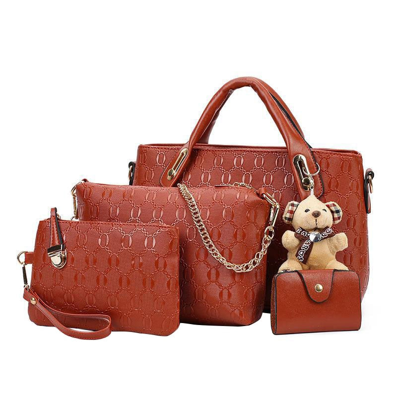 4Pcs/Set Elegant Ladies Bear Pendant Handbag Shoulder Bag Girls Fashionable PU Leather Casual Messenger Tote Bag