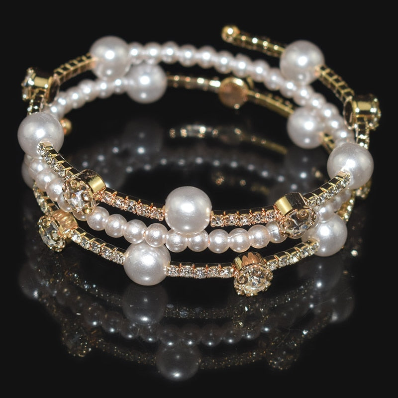 Crystal Pearl Bracelet Ladies Rhinestone Multi-layer Adjustable Bangles Cuffs Gold Silver Plated Charm Bracelets Jewelry Gift