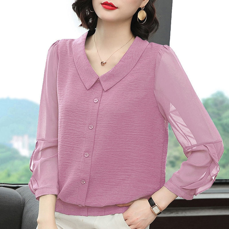 Women Spring Summer Style Chiffon Blouses Shirts Lady Casual Long Sleeve Peter Pan Collar Blusas Tops DF4033