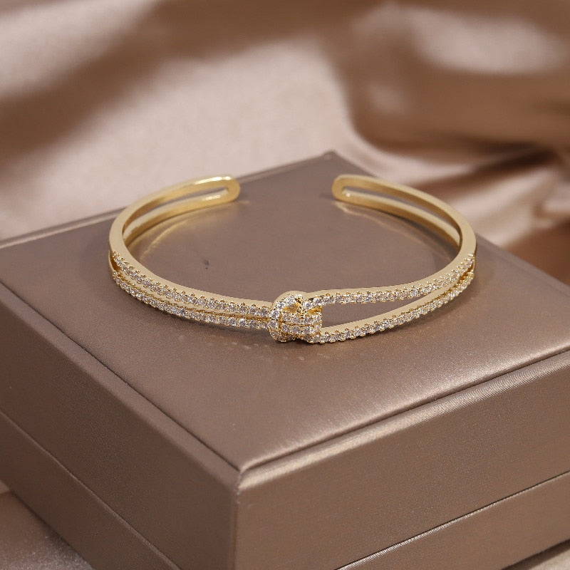 14K real gold plating exquisite AAA luxury full zircon knot bracelet elegant women's wedding party opening adjustable bracelet