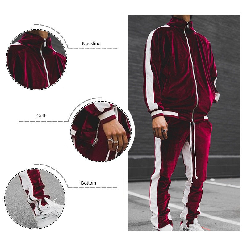 2 Piece Set Tracksuit Men Spring Autumn Striped Jackets Sweatshirts + Pocket Pants Casual Gold Velvet Suit Sport Jogging Set