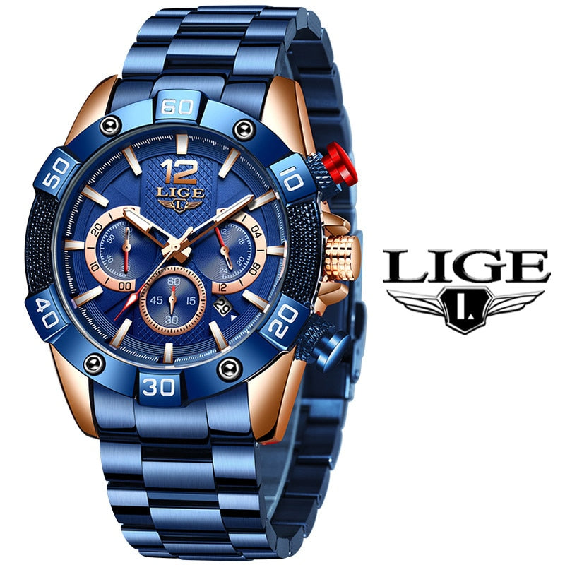 LIGE 2021 New Fashion Blue Mens Watches Top Brand Luxury Clock Sports Chronograph Waterproof Quartz Watch Men Relogio Masculino